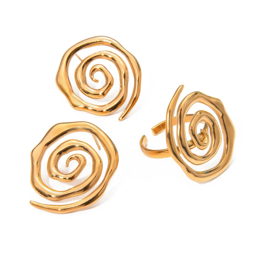 Waterproof 18K Gold Plated Metal Vortex Swirl Earrings Geometric Spiral Rings