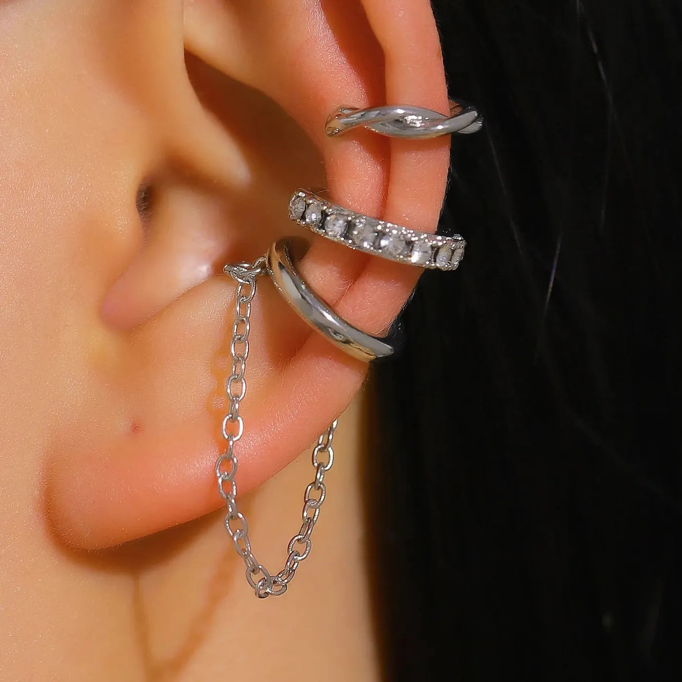 3Pcs C-Shaped Zircon Tassel Clip Earrings Fashion Jewelry Gifts