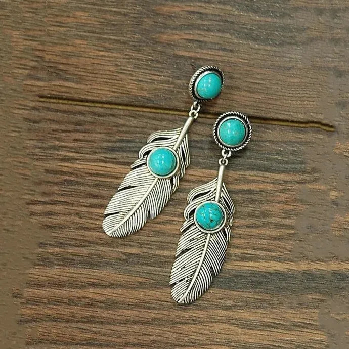 Antique Silver Ethnic Leaf Wing Earrings with Turquoise Inlay Zinc Alloy Gift
