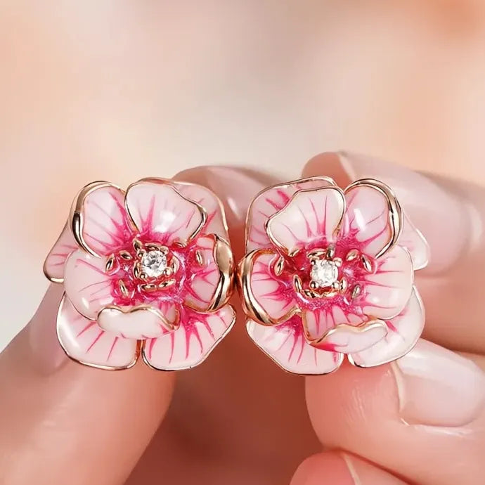 Pink Flower Geometric Copper Alloy CZ Stud Earrings Women Party Wedding Jewelry