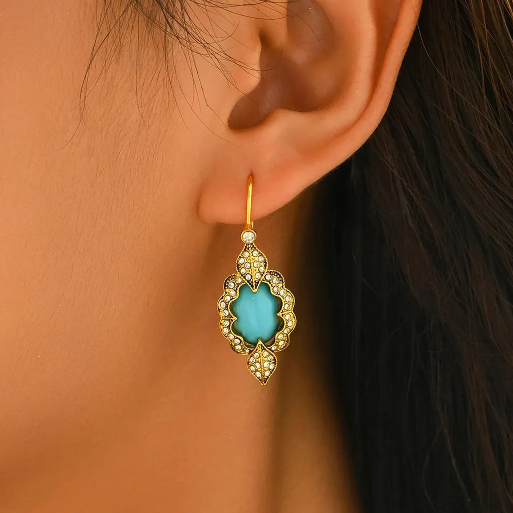 Vintage Blue Stone Bohemian Women's Earrings Zinc Alloy Carved Flower Pendant Jewelry