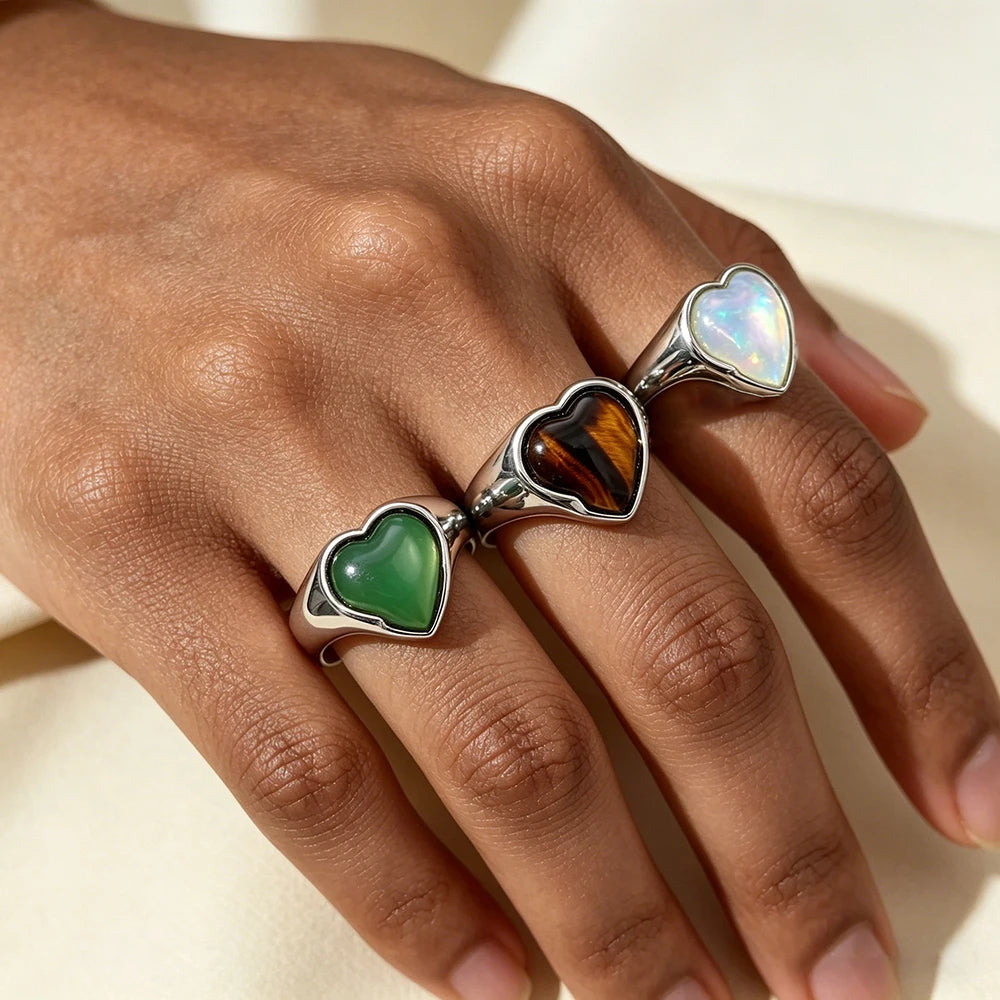 Europe Style Heart Shape White Opal Stainless Steel Wedding Ring Punk Jewelry Waterproof Anti-Allergic