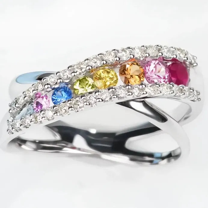 Rainbow Cubic Zirconia Brass Cross Ring for Women Wedding Engagement