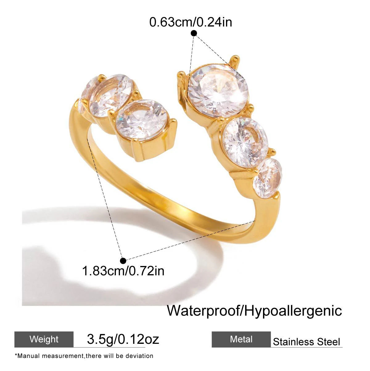 18K Gold Plated White Heart Waterdrop Zircon Wedding Ring Women Adjustable Stainless Steel