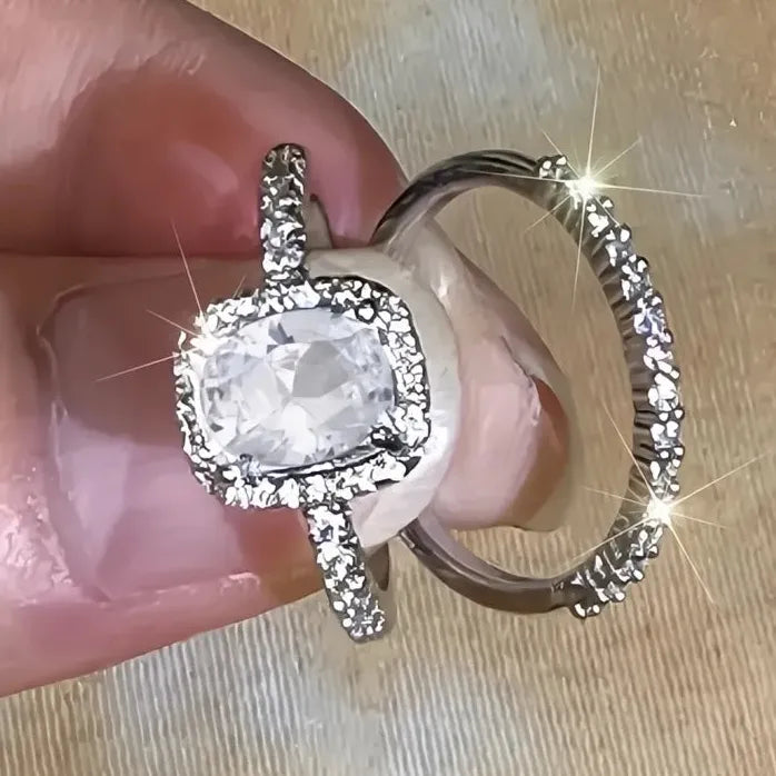 Elegant 2Pcs Women Bridal CZ Inlaid Geometric Wedding Engagement Ring Set