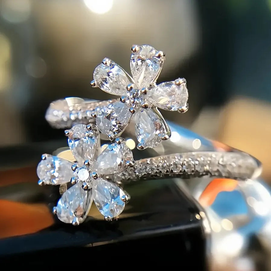 Adjustable Geometric CZ Crystal Wedding Band Ring for Women Bridal Jewelry