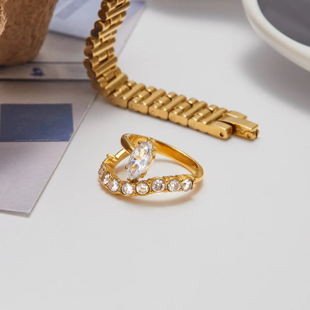 18K Gold Plated White Heart Waterdrop Zircon Wedding Ring Women Adjustable Stainless Steel