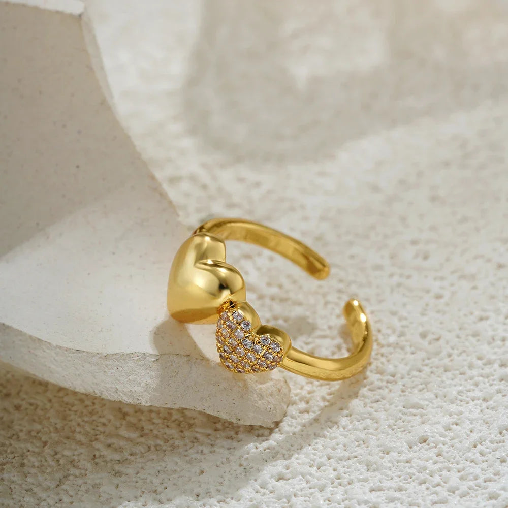 18K Gold Plated Double Heart Ring for Women Adjustable Micro Pave Zircon Jewelry
