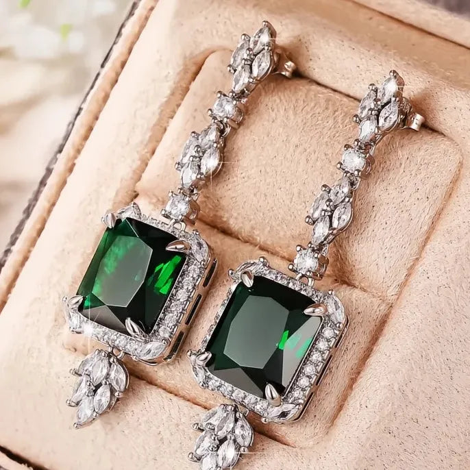 Geometric Square Green Cubic Zirconia Brass Dangle Earrings for Wedding Jewelry