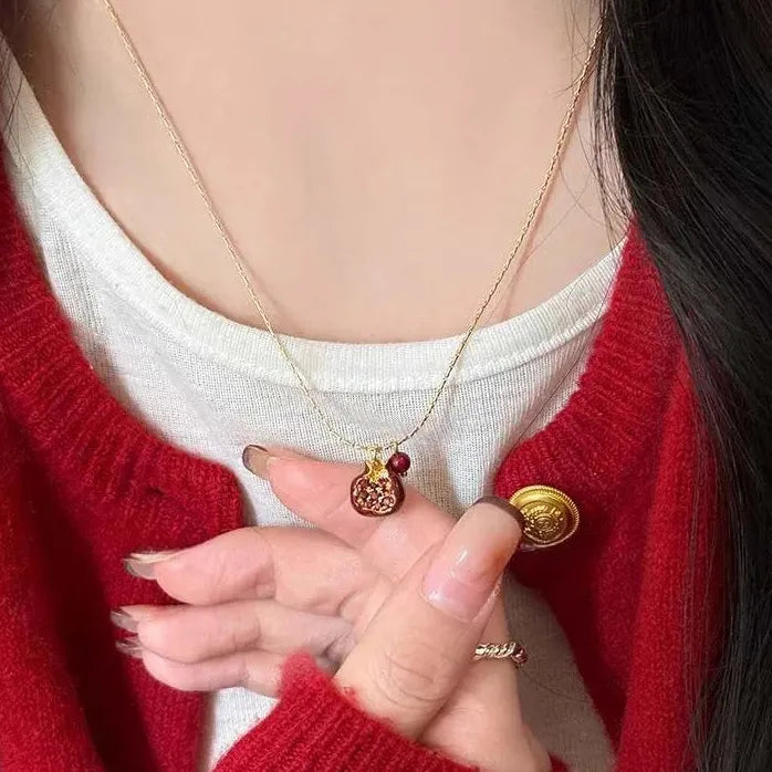 Vintage Red Pomegranate Gold C-Shape Hoop Earrings Necklace for Women Gift
