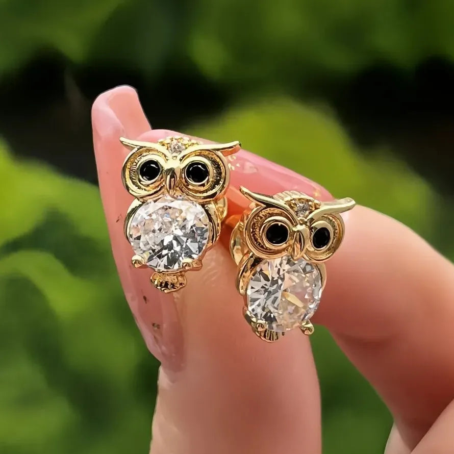 Gold Owl Stud Earrings Cute Night Owl CZ Copper Alloy Jewelry Gift for Women