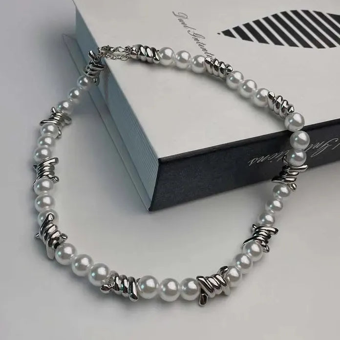 Punk Pearl Barbed Wire Chain Necklace Gothic Metal Jewelry Gift Men Women
