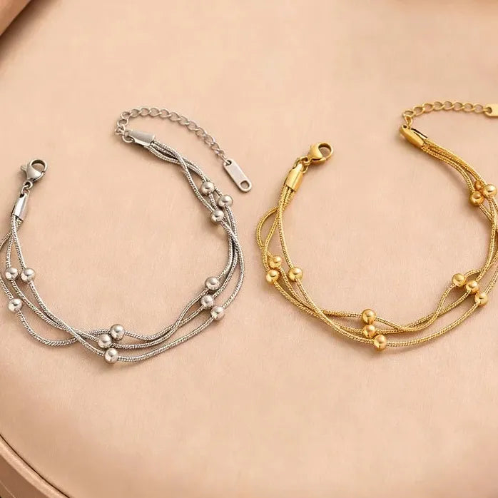 Stainless Steel Gold Beaded Round Multilayer Chain Bracelet for Women Fashion Jewelry