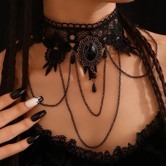 Black Lace Gothic Punk Choker Necklace with Pearl Tassel Roseflower Jewelry