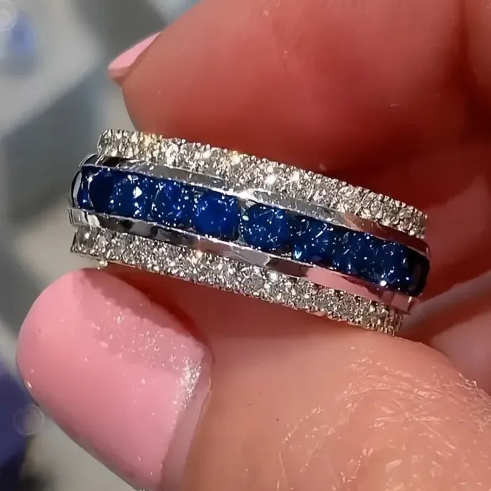 Blue White Cubic Zirconia Geometric Brass Wedding Band Ring for Women
