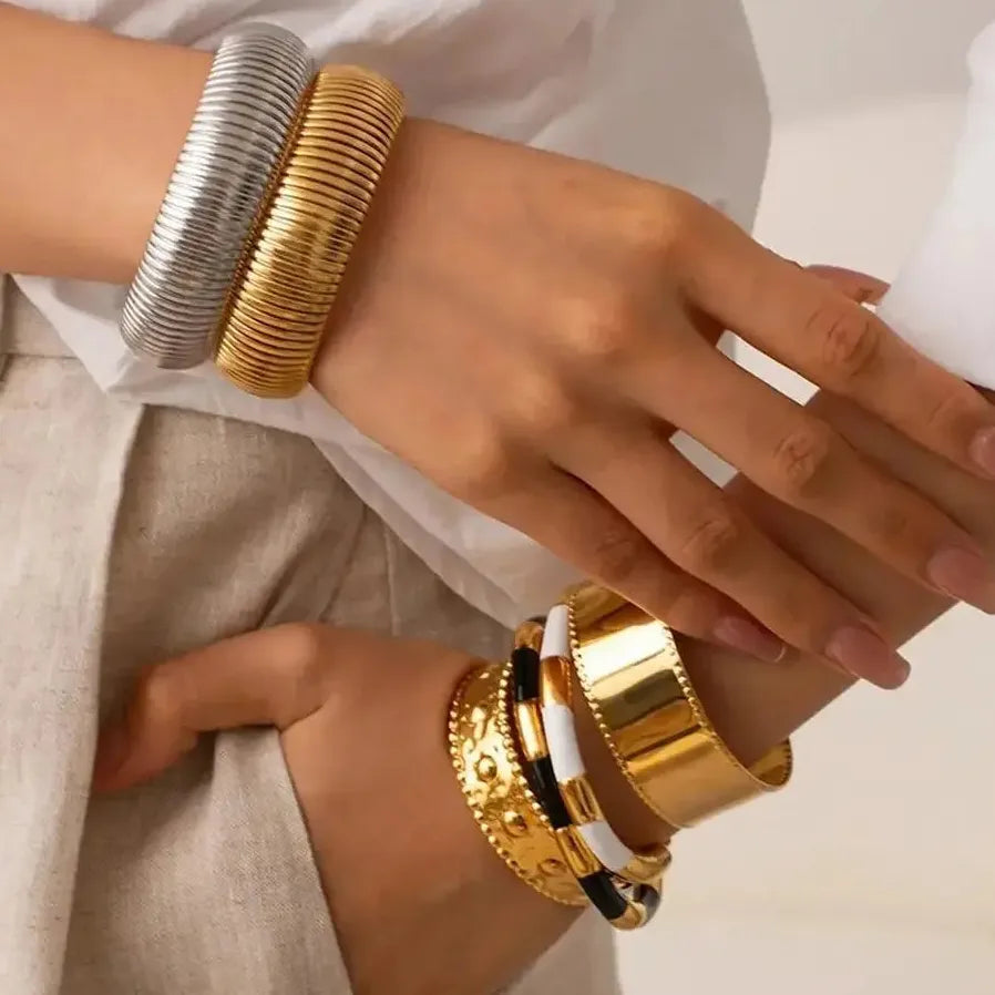 18K Gold Plated Stainless Steel Geometric Punk Snake Chain Cuff Bracelet