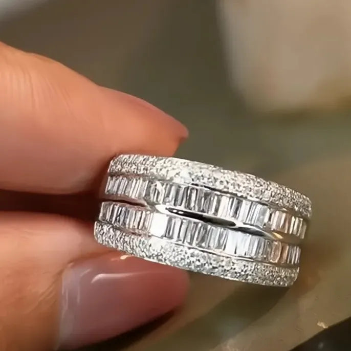 Wide Geometric Brass Ring with Cubic Zirconia Pavé Wedding Band for Women