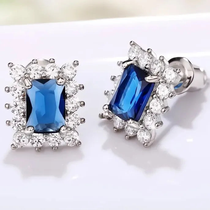 Noble Blue Geometric Cubic Zirconia Stud Earrings with Push-Back Closure