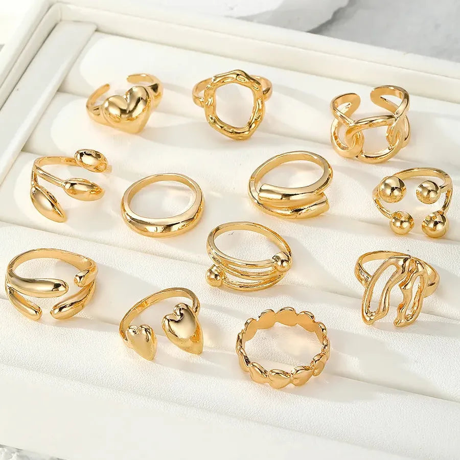 12Pcs Vintage Irregular Heart-Shaped Open Rings Set for Women Fashion Jewelry