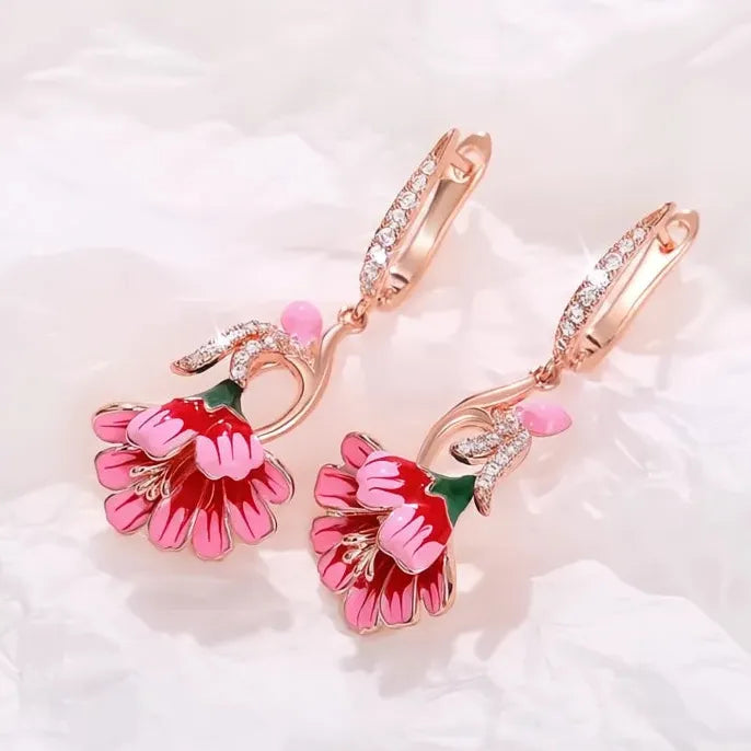Handmade Pink Flower Geometric Dangle Earrings with Cubic Zirconia Gift