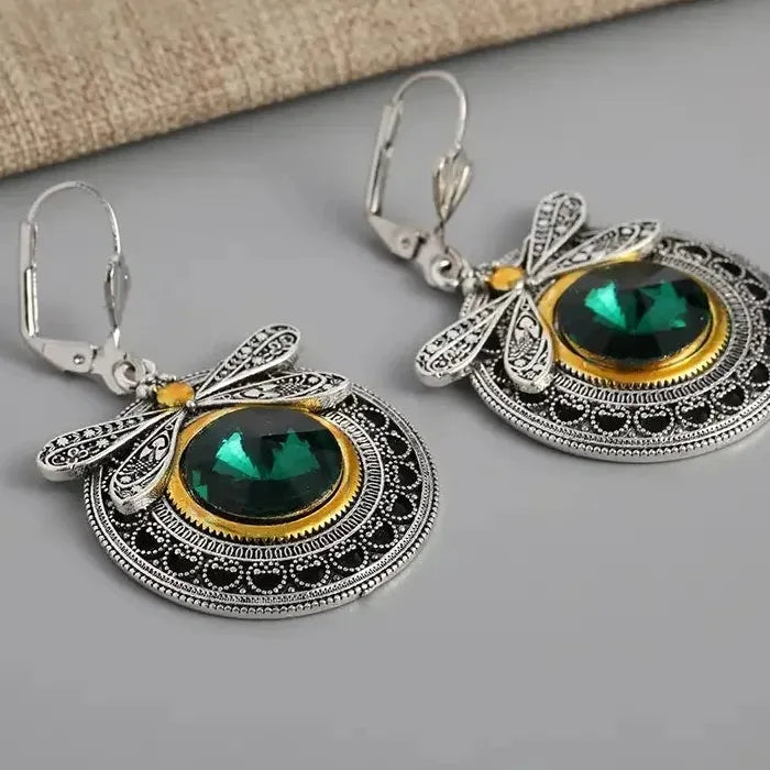Green Crystal Dragonfly Drop Earrings Zinc Alloy Women’s Party Jewelry