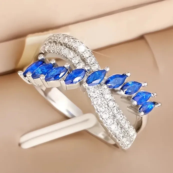 Women's Geometric Cross Ring with Blue & White Cubic Zirconia Jewelry