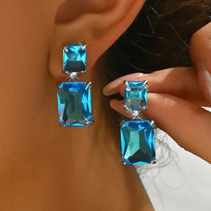 Luxury Geometric Blue Cubic Zirconia Crystal Drop Earrings Gold Zinc Alloy Jewelry
