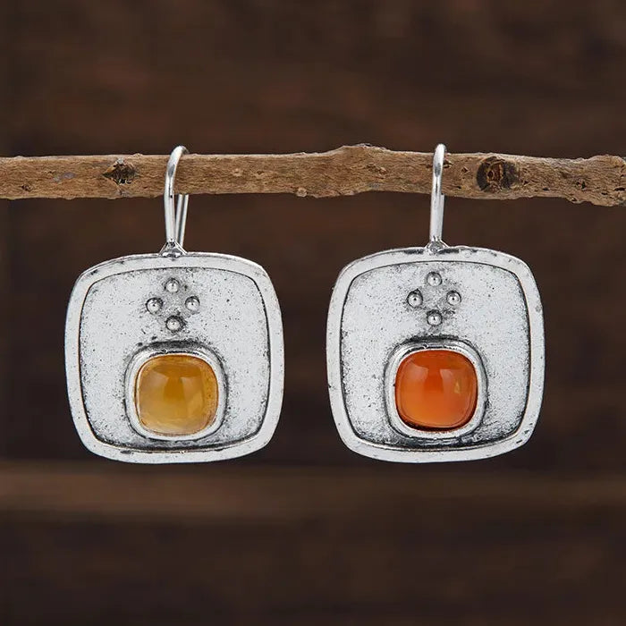 Classic Round Orange Stone Women's Earrings Silver Metal Square Pendant Jewelry