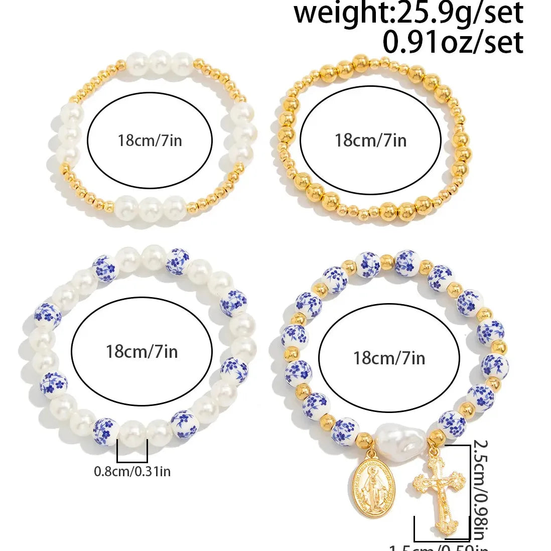 4pcs Blue White Porcelain Round Bead Bracelet Women Geometric Pearl Cross Jewelry
