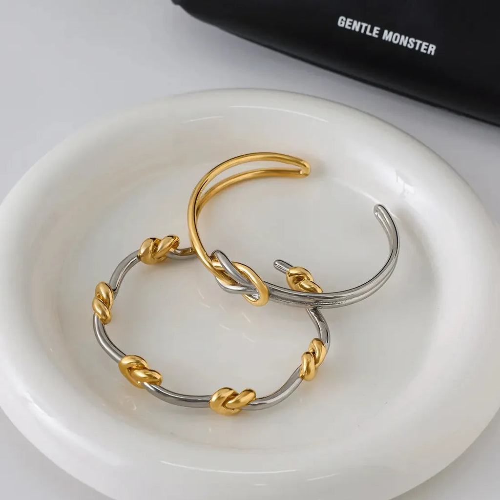 French Style Two-tone Knot Geometric Stainless Steel Cuff Bracelet Women