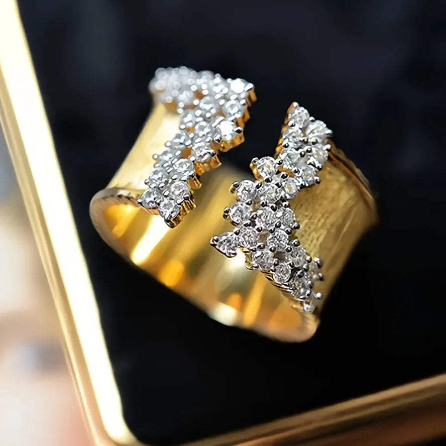Luxury Gold Color Cubic Zirconia Geometric Wide Band Ring for Women Brass OL Style Jewelry