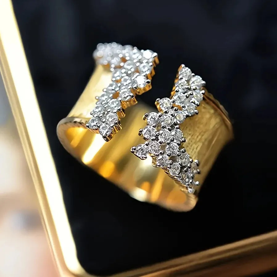 Gold Cubic Zirconia Geometric Wide Band Ring for Women OL Style Jewelry