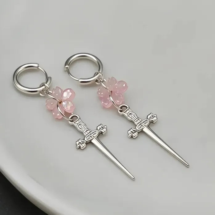 Punk Black Sakura Blade Small Hoop Earrings Gothic Cherry Blossom Jewelry