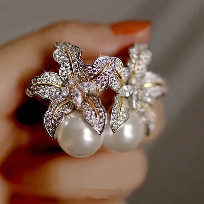 Flower Imitation Pearl Earrings Women Luxury CZ Stone Inlaid Zinc Alloy Studs