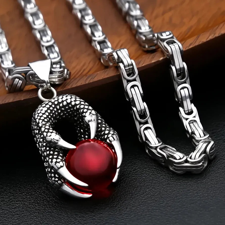 Viking Dragon Claw Necklace Red Bead Pendant Stainless Steel Men Gift