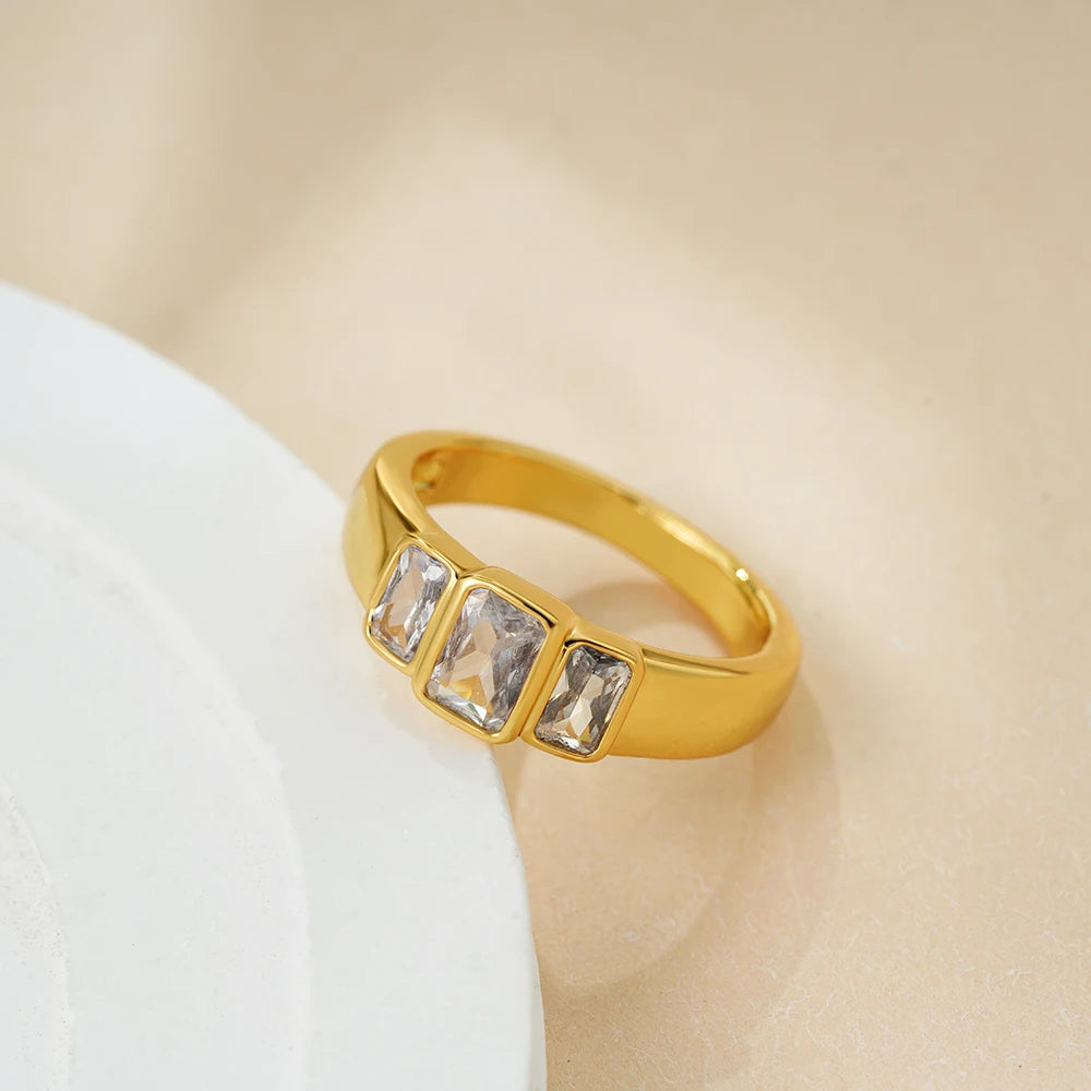 18K Gold Plated Stainless Steel Square CZ Ring Waterproof Wedding Jewelry