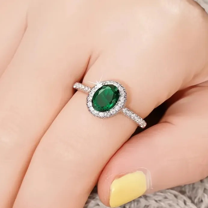 Elegant Silver Oval Green CZ Ring for Women Wedding Engagement Jewelry