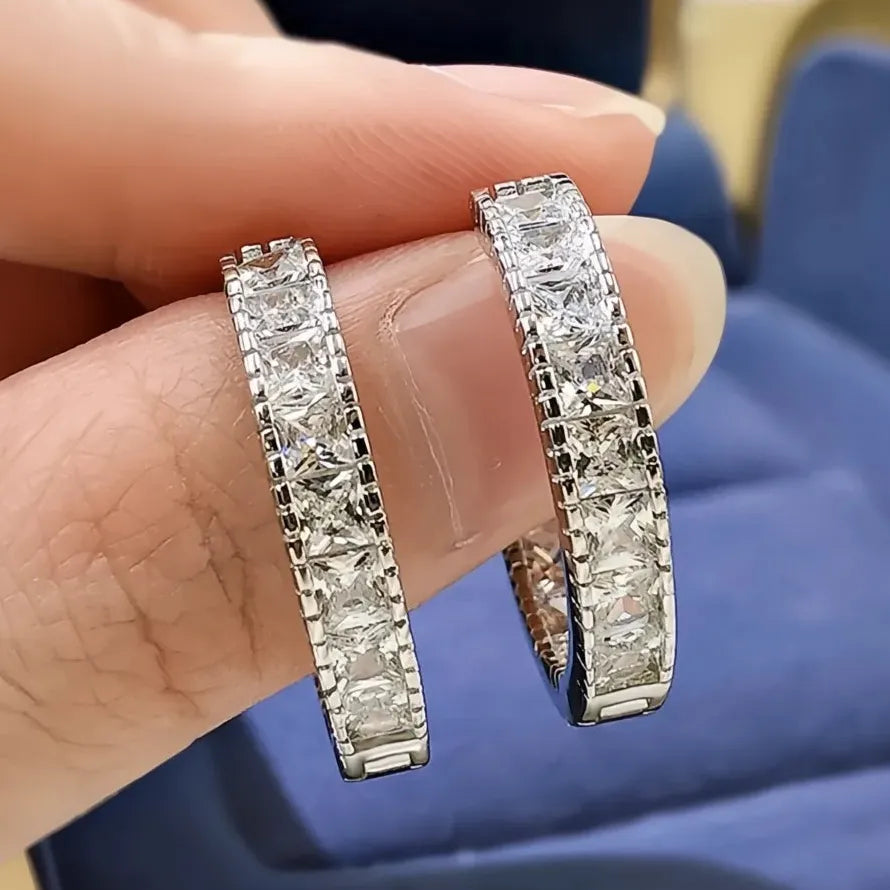 Luxury Silver Color Geometric Square Cubic Zirconia Hoop Earrings for Women