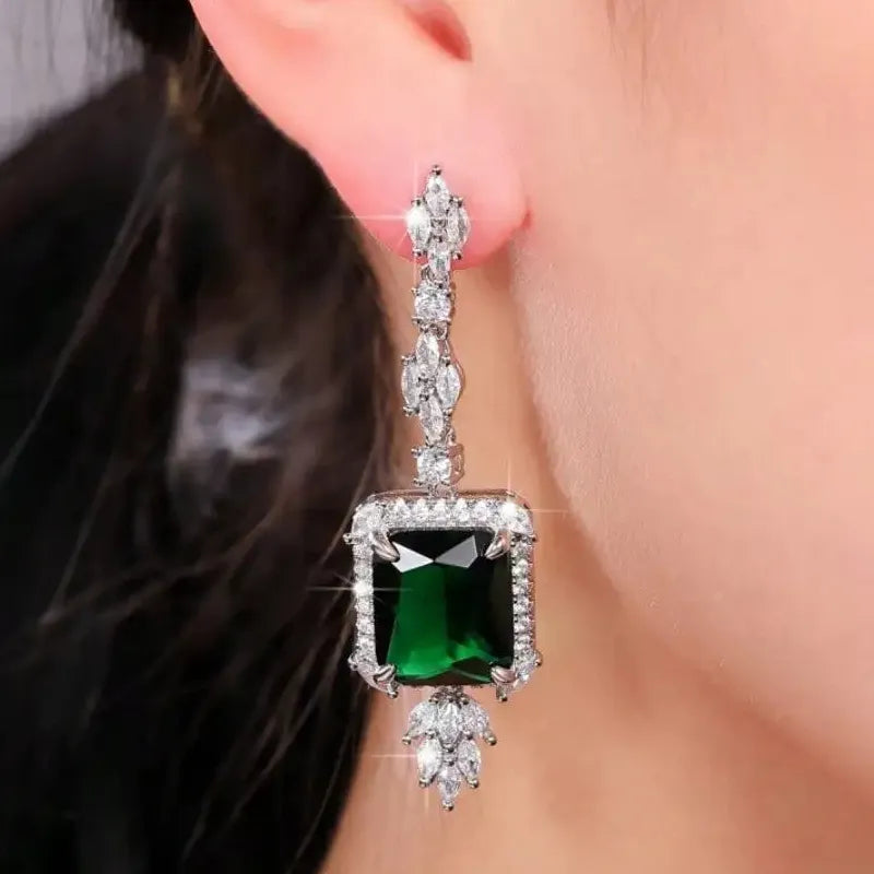 Green Imitation Crystal Flower Pendant Earrings with Metal Leaf Copper Gift