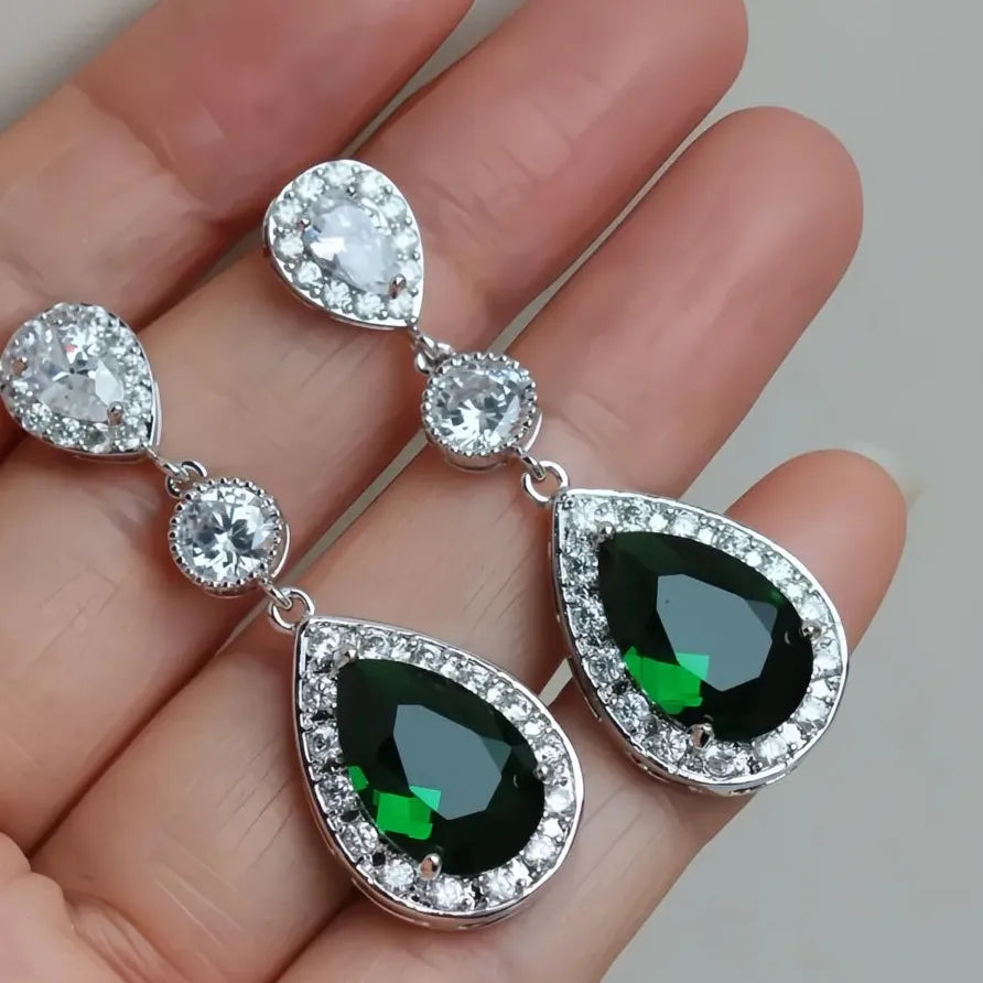 Green Cubic Zirconia Geometric Drop Earrings for Women Wedding Party