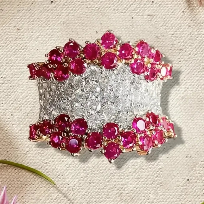 Gold Brass Cocktail Ring for Women with White & Red Cubic Zirconia Jewelry
