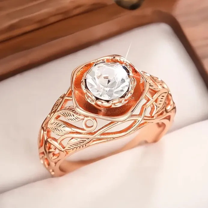 Elegant Hollow Out Rose Leaf CZ Brass Cocktail Ring for Women Party Jewelry
