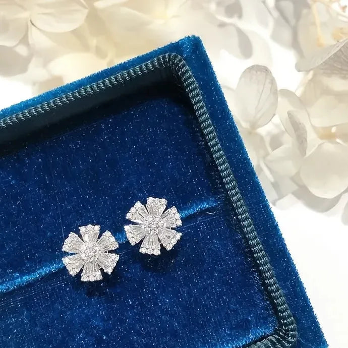 Flower Shaped AAA Cubic Zirconia Silver Color Copper Alloy Stud Earrings