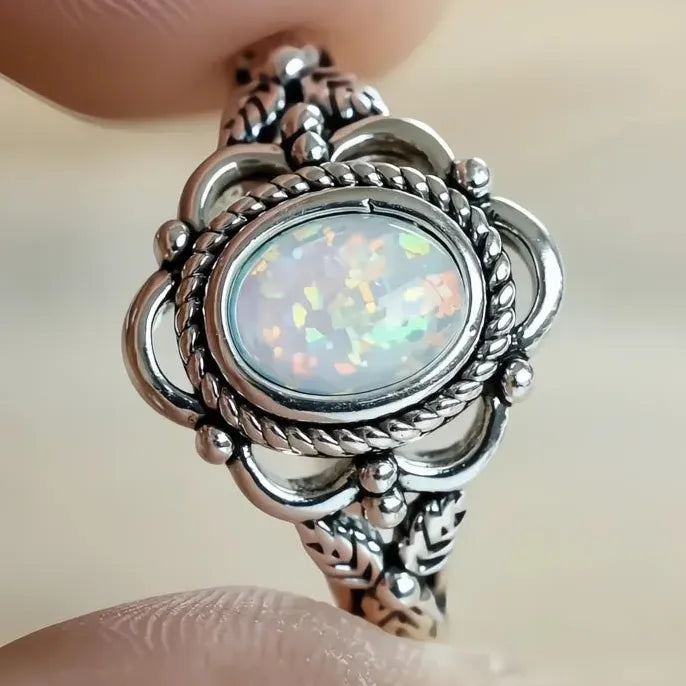 Vintage Brass Ring with Simulated Opal Plant Design Retro Party Jewelry for Women