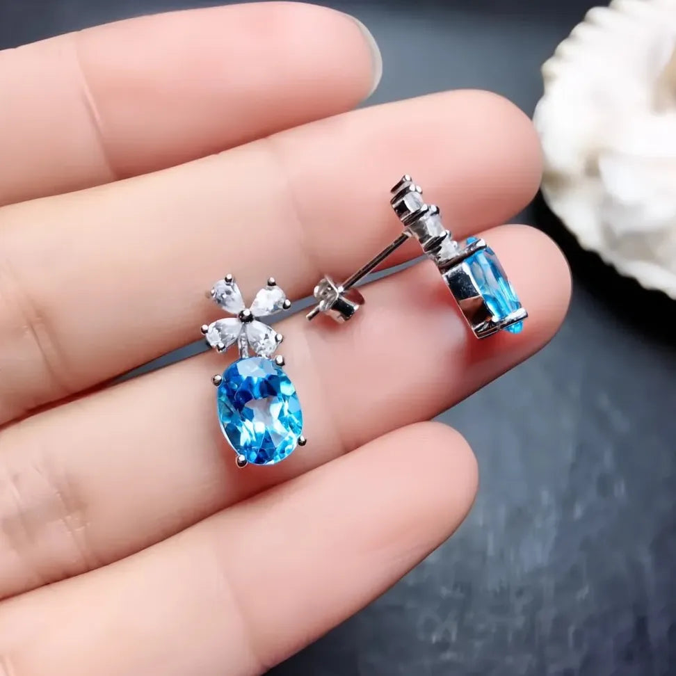 Sky Blue Cubic Zirconia Geometric Flower Stud Earrings for Women