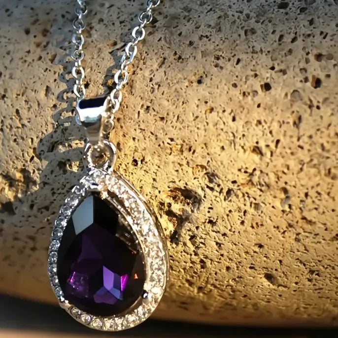 Purple Cubic Zirconia Geometric Waterdrop Pendant Necklace 45CM Copper Alloy
