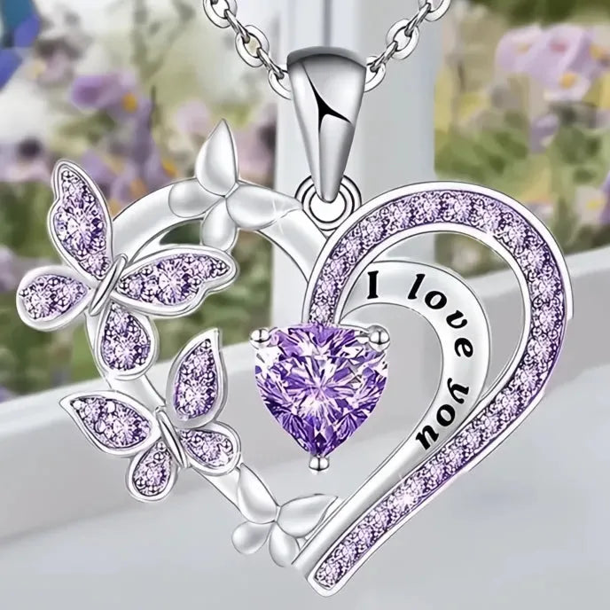 Purple White Butterfly Love Pendant Necklace for Women Cubic Zirconia Wedding Party Jewelry