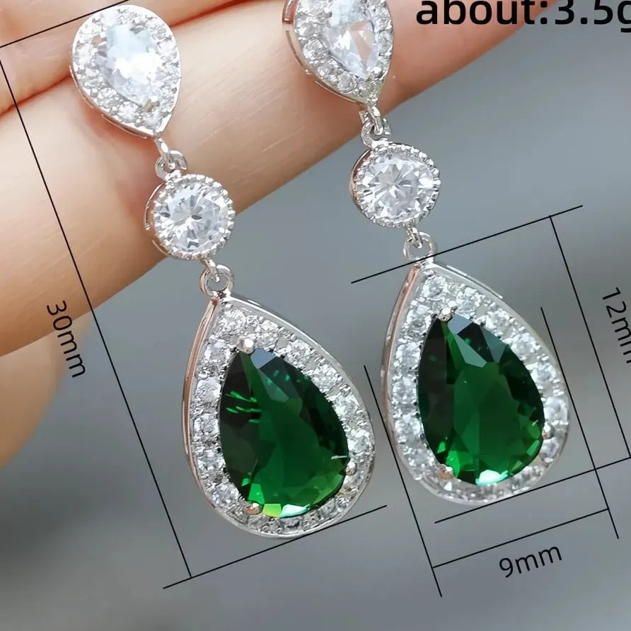 Green Cubic Zirconia Geometric Drop Earrings for Women Wedding Party