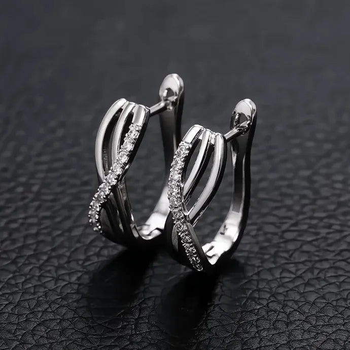 Silver Copper Alloy Cross Hoop Earrings with White CZ Stone 2022