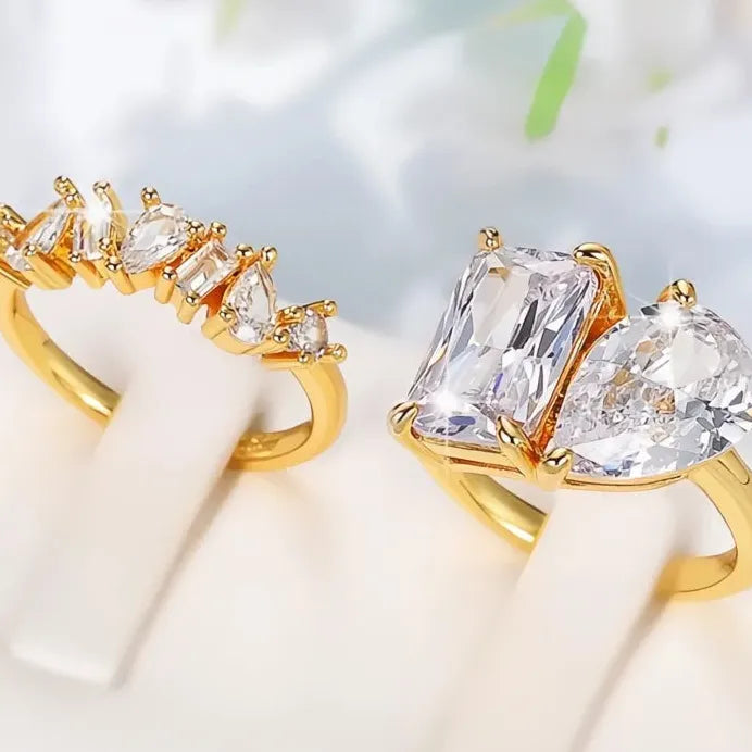 Pear Square Cubic Zirconia Wedding Rings Set Gold Color Elegant 2023
